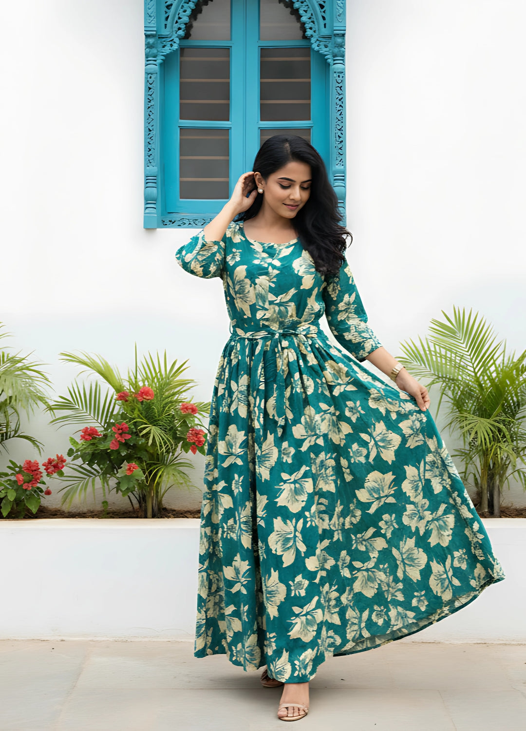 Tropical - Sea Green - Maternity Kurti with Feeding Zips - Soft Rayon