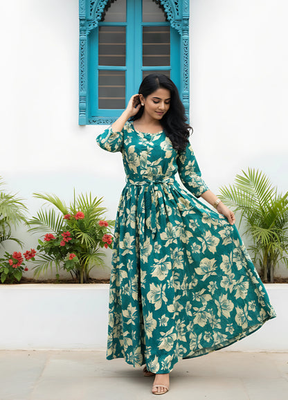 Tropical - Sea Green - Maternity Kurti with Feeding Zips - Soft Rayon