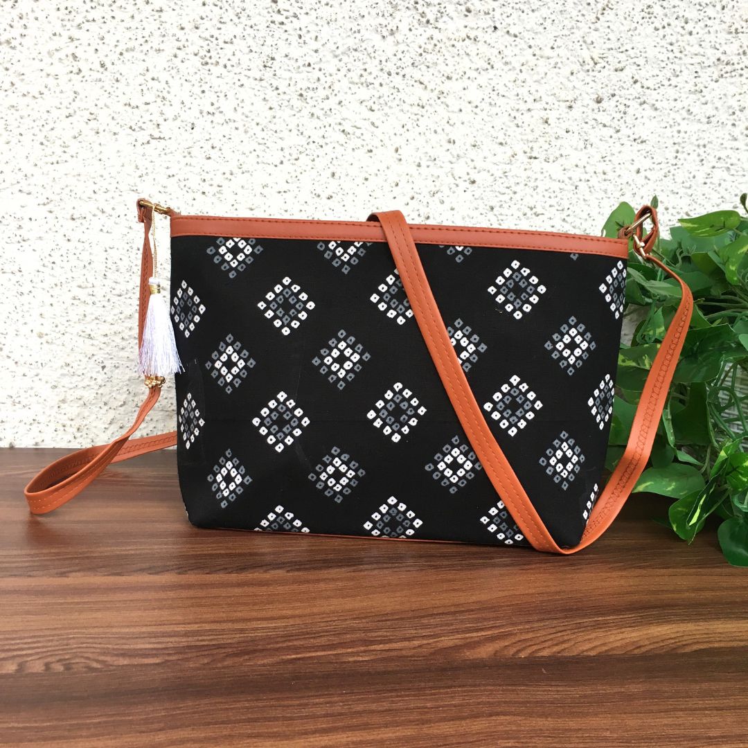 Minsk - 3 zip- Big size - Sling Bag - Black Square Bandhani
