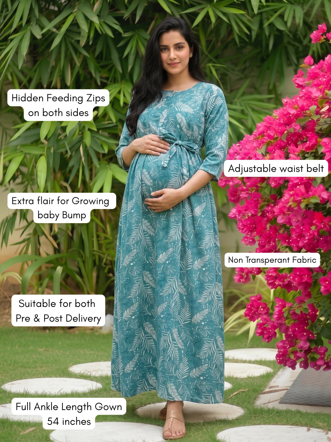 Tropical Forrest - Turqoiuse - Maternity Dress with Feeding Zips - Soft Rayon
