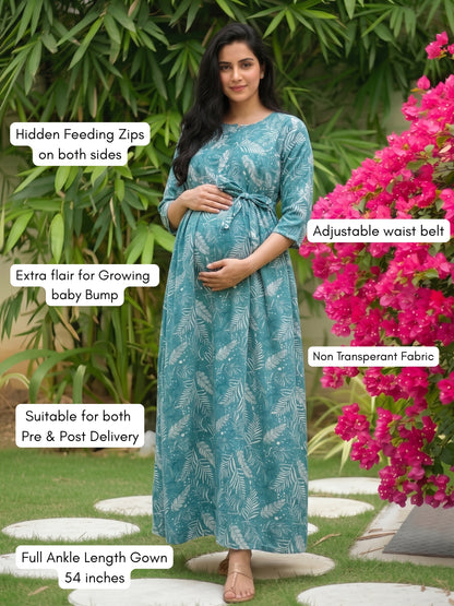 Tropical Forrest - Turqoiuse - Maternity Dress with Feeding Zips - Soft Rayon