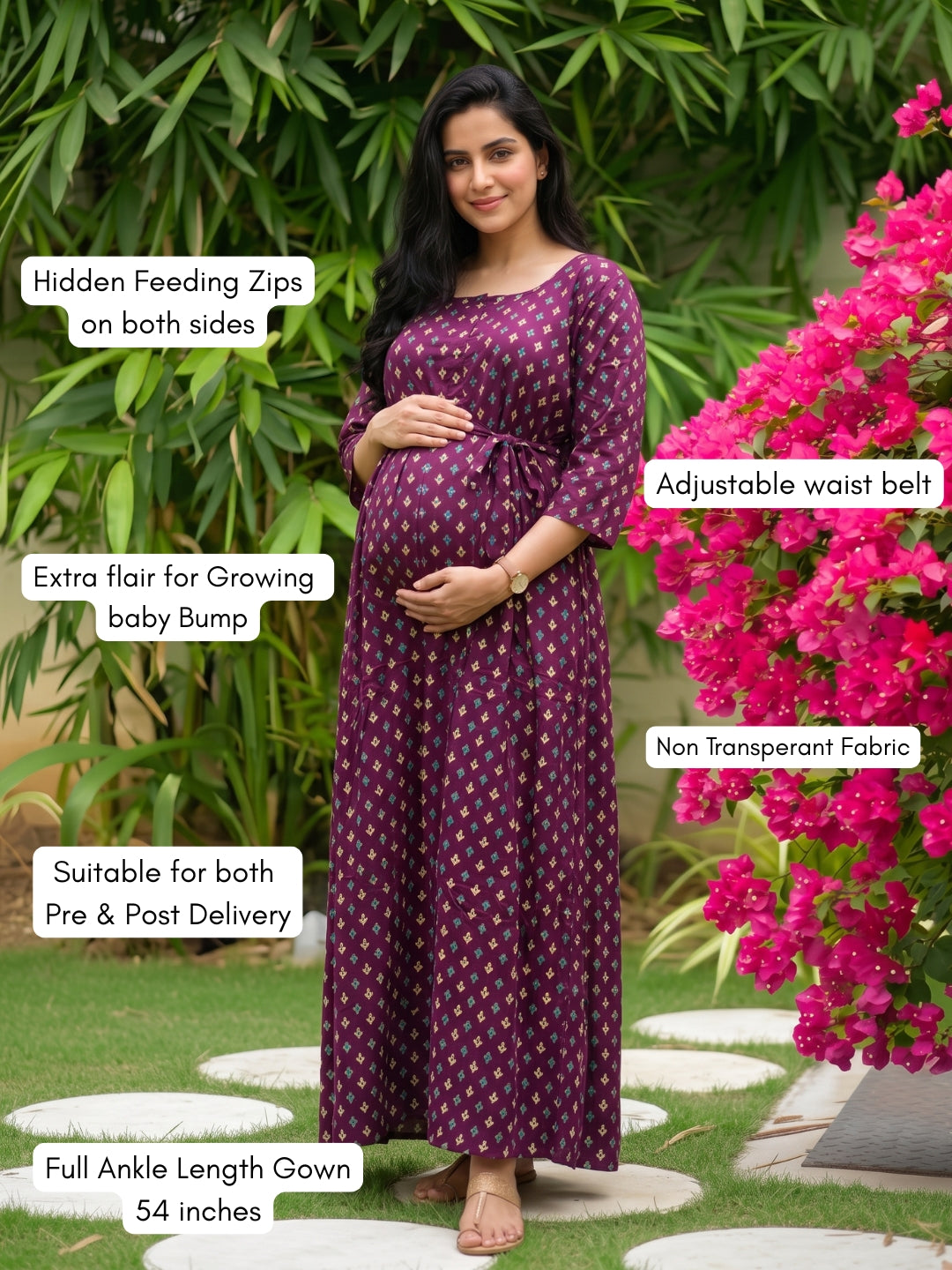 Kairavi - Purple - Maternity Dress with Feeding Zips - Soft Rayon