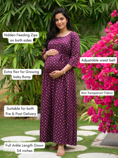 Kairavi - Purple - Maternity Dress with Feeding Zips - Soft Rayon