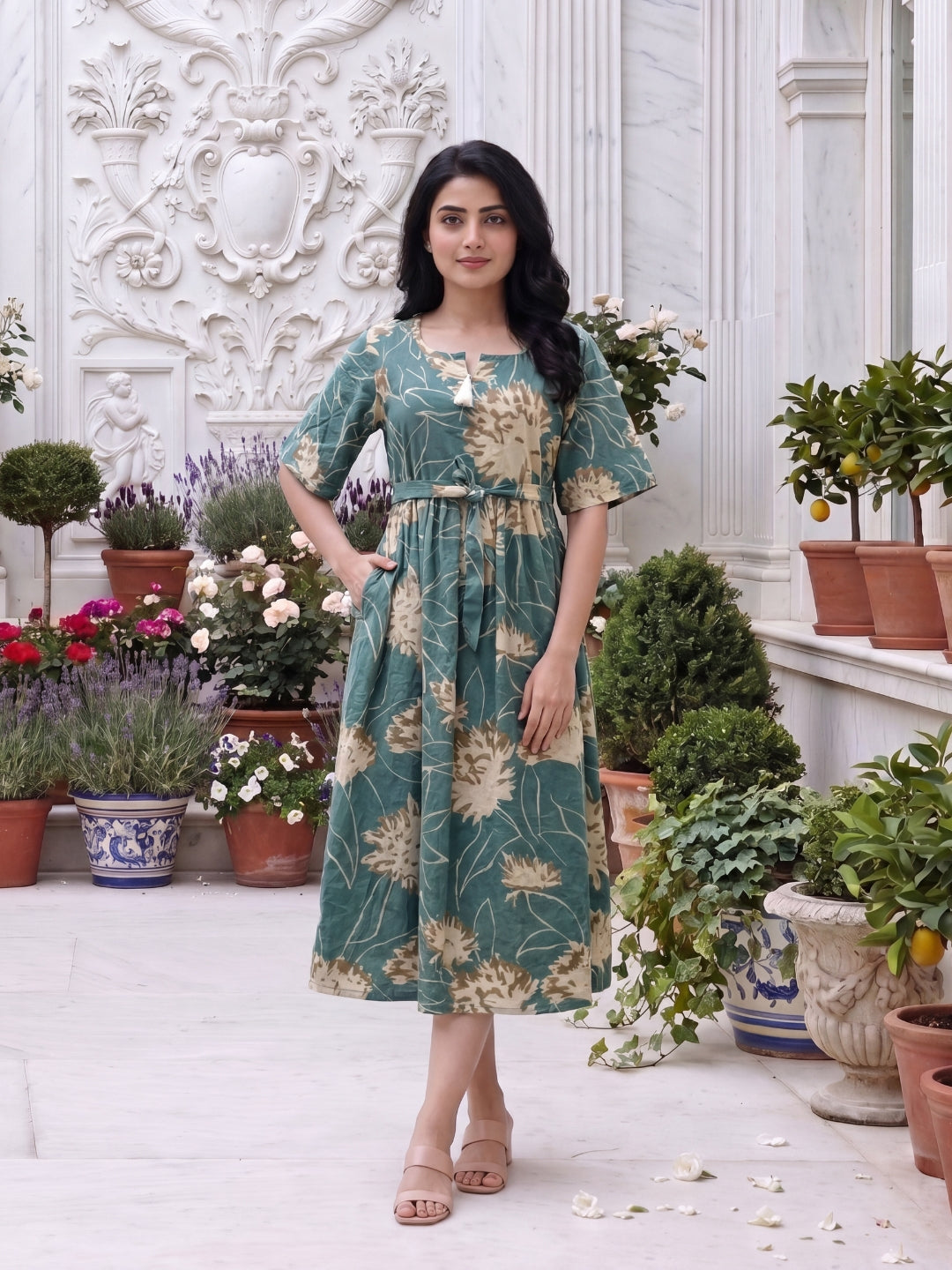 Turquoise Cream- Short Sleeves Midi Dress -  Pure Cotton