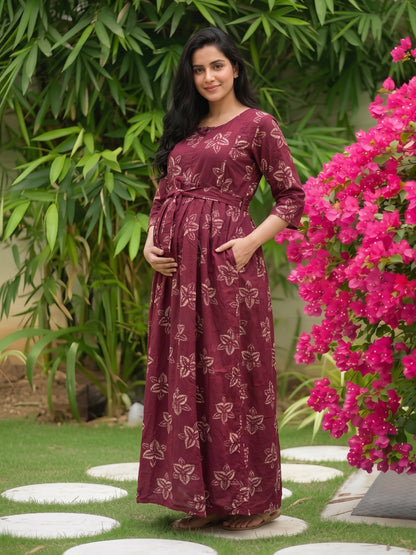 Meher Maroon - Maternity Dress with Feeding Zips - Soft Rayon