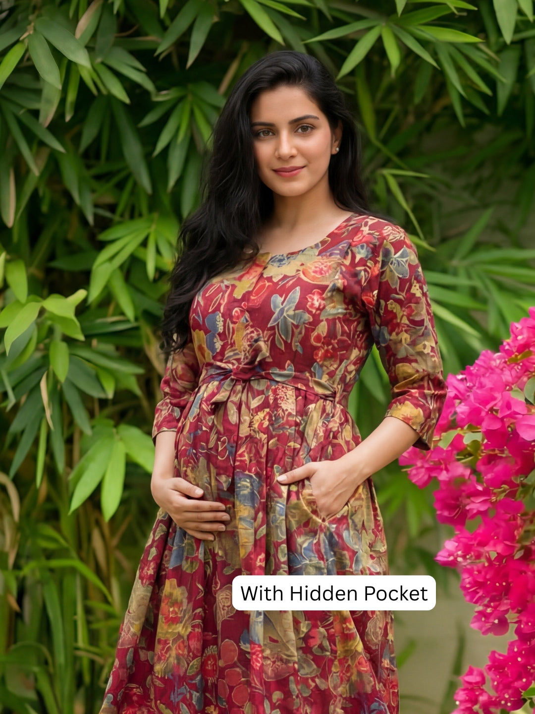 Maroon Grey Flower - Maternity Kurti with Feeding Zips - Soft Rayon