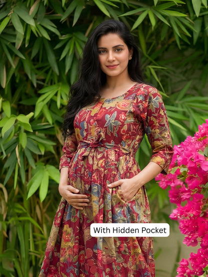Maroon Grey Flower - Maternity Kurti with Feeding Zips - Soft Rayon