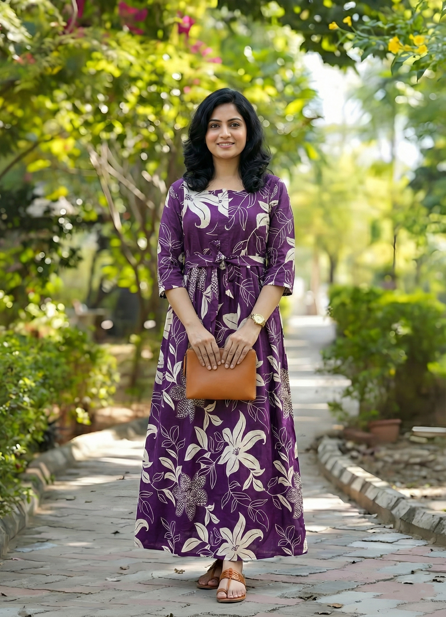 Lily flower Purple - Maternity Kurti with Feeding Zips - Cotton Flex - Thicker Fabric
