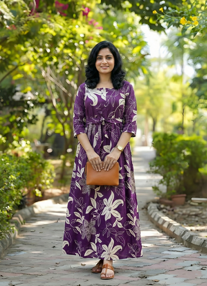 Lily flower Purple - Maternity Kurti with Feeding Zips - Cotton Flex - Thicker Fabric