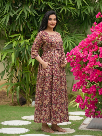 Gulmohar - Maroon - Maternity Dress with Feeding Zips - Pure Cotton