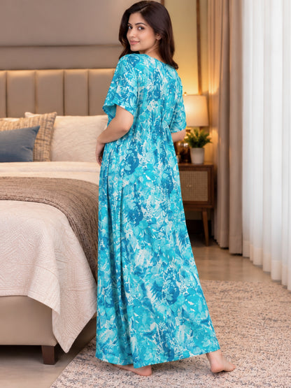 Kaftan - Tropical Sea Blue - Maternity  Feeding Zips - Free Size - Soft Rayon