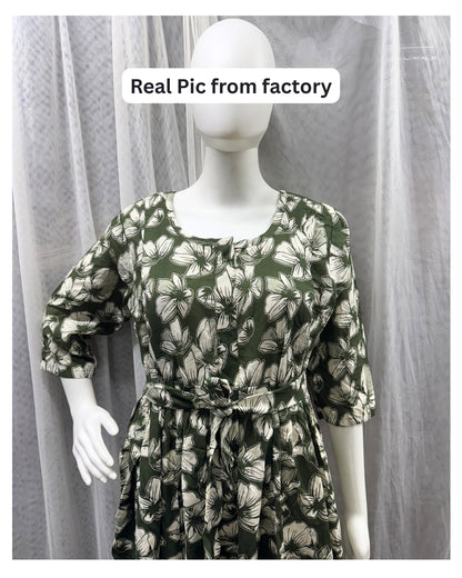 Hibiscus Green Flower - Maternity Kurti with Feeding Zips - Soft Rayon