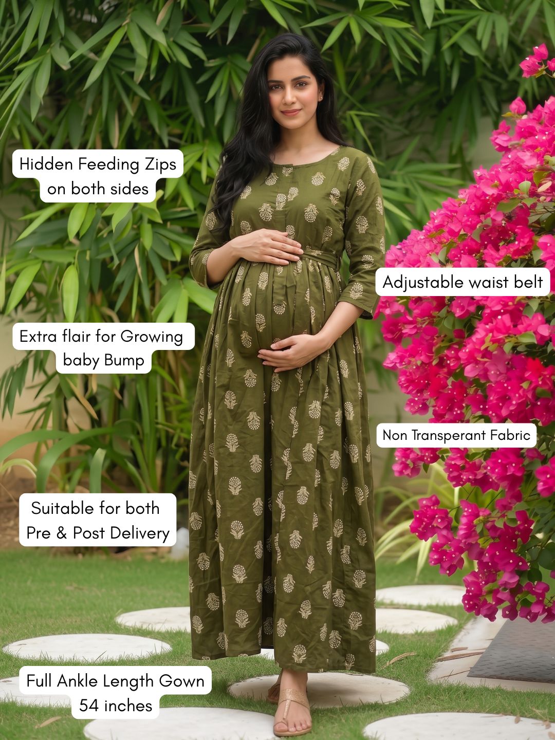 Rustic Flower - Green - Maternity Dress with Feeding Zips - Pure Cotton