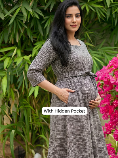 Black Wave - Maternity Kurti with Feeding Zips - Cotton Flex - Thicker Fabric