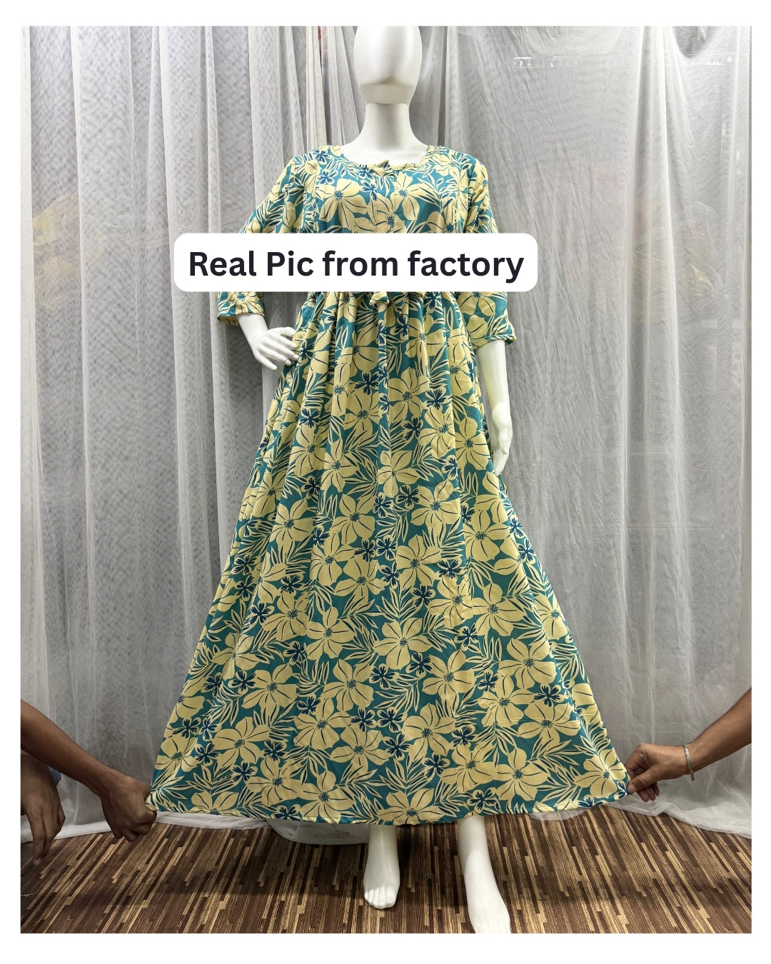 Sky Blue Cream Flower - Maternity Kurti with Feeding Zips - Soft Rayon