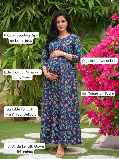 Daisy Blue- Maternity Dress with Feeding Zips - Pure Cotton