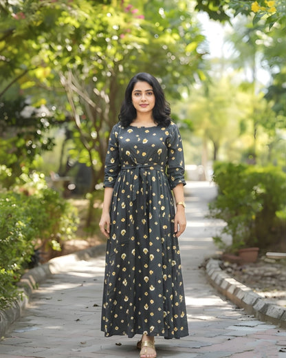 Grey White Mushroom Flower - Maternity Kurti with Feeding Zips - Soft Rayon