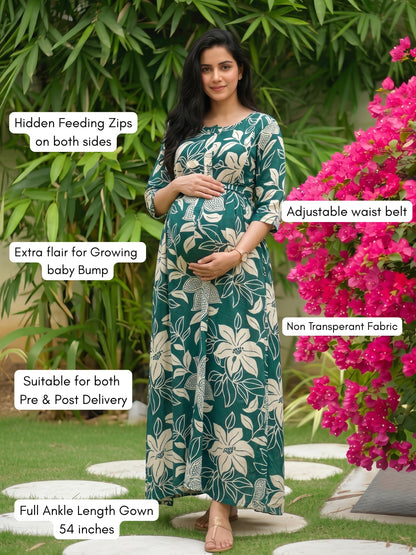 Lily Flower Sea Green - Maternity Kurti with Feeding Zips - Soft Rayon