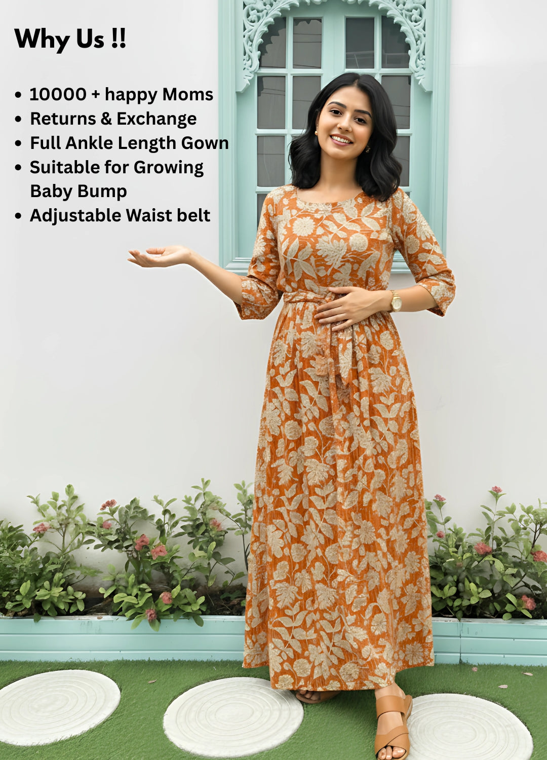 Leafy Stripes - Orange - Maternity Kurti with Feeding Zips - Soft Rayon