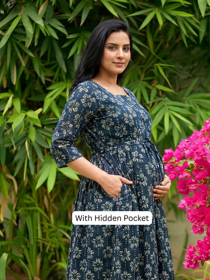 Iris Flower  - Peacock Blue - Maternity Kurti with Feeding Zips - Cotton Flex - Thicker Fabric