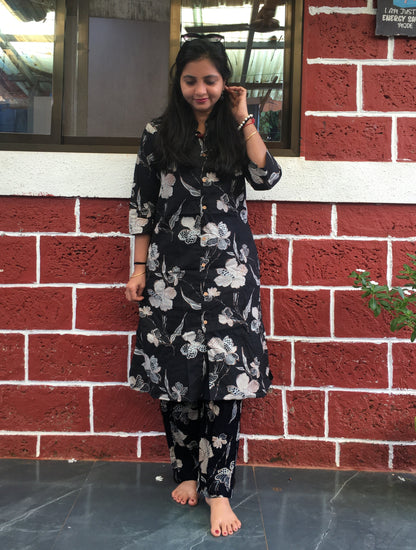 Knee Length- Flower & Leafs - Black - Cord Sets - Pure Cotton