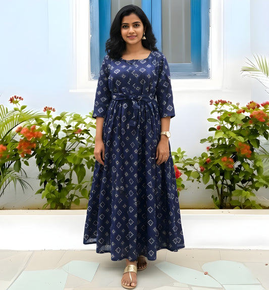 Blue Square Bandhani Print - Maternity Kurti with Feeding Zips - Cambric Flex - Thicker Fabric