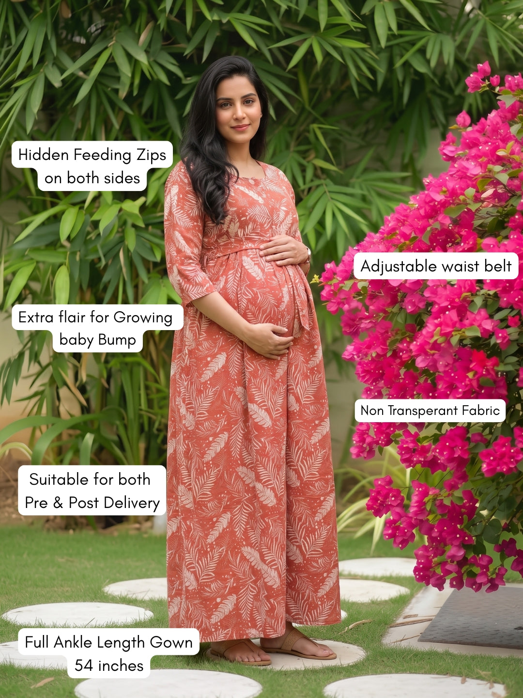 Tropical Forrest - Peach - Maternity Dress with Feeding Zips - Soft Rayon
