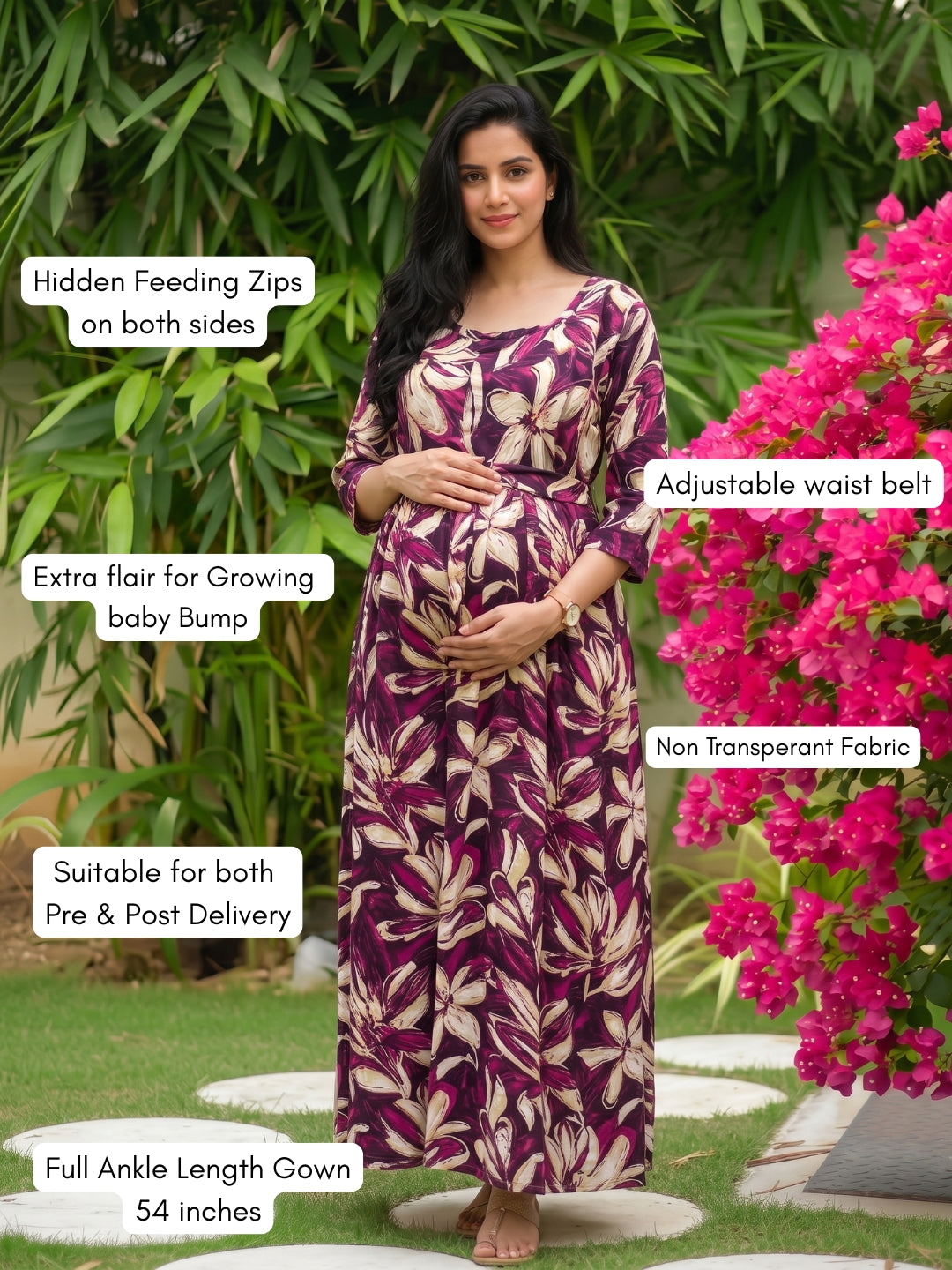 Jasmine Purple - Maternity Dress with Feeding Zips - Soft Rayon