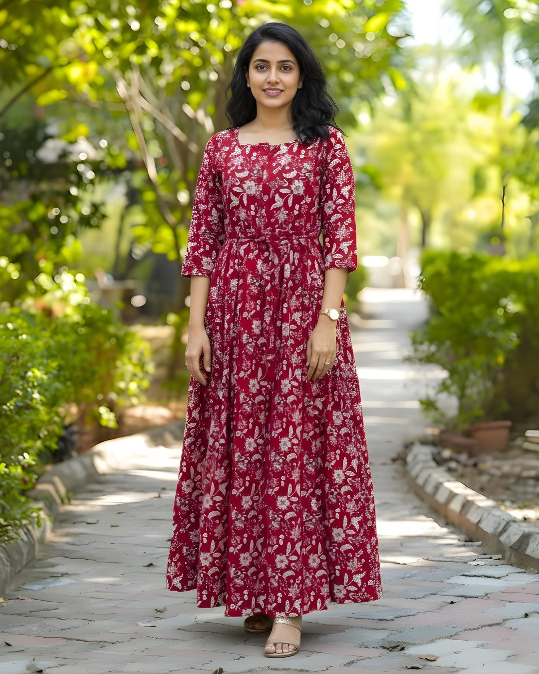 Maroon Forrest Print - Maternity Kurti with Feeding Zips - Cotton Flex - Thicker Fabric