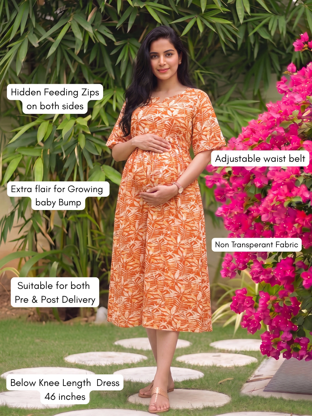 Tropical Orange White - Knee Length Maternity Dress with Feeding Zips - Soft Rayon