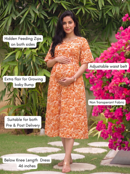 Tropical Orange White - Knee Length Maternity Dress with Feeding Zips - Soft Rayon