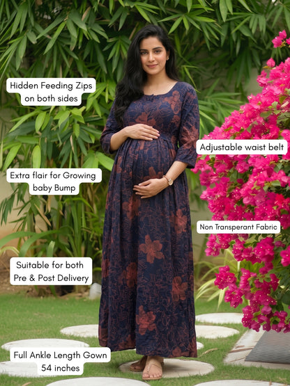 Hibiscus Blue Pink - Maternity Dress with Feeding Zips - Soft Rayon