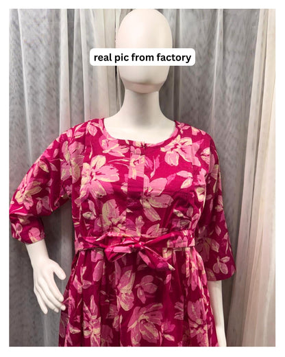 Jasmine White Pink - Maternity Kurti with Feeding Zips - Cambric Cotton