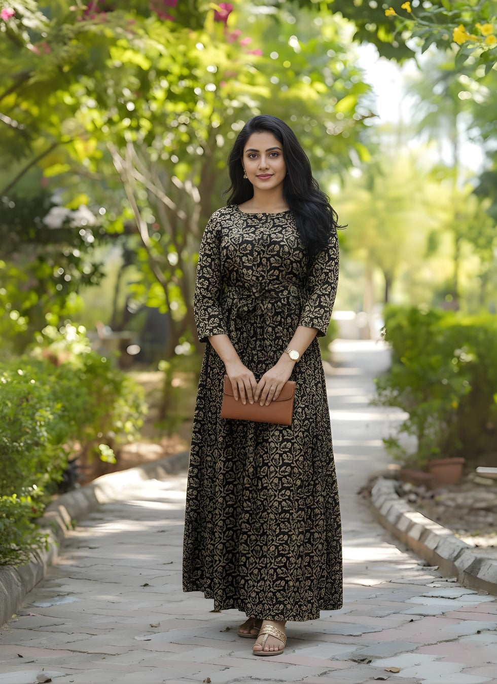 Tulip Flower Black - Maternity Kurti with Feeding Zips - Cotton Flex - Thicker Fabric