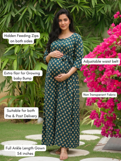Curly Rose - Blue - Maternity Dress with Feeding Zips - Soft Rayon