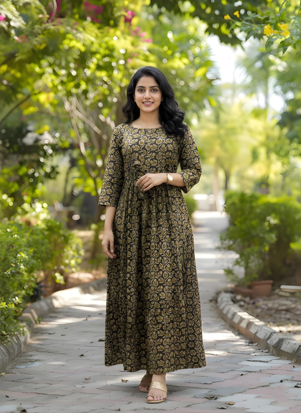 Tulip Flower - Brown - Maternity Kurti with Feeding Zips - Cotton Flex - Thicker Fabric