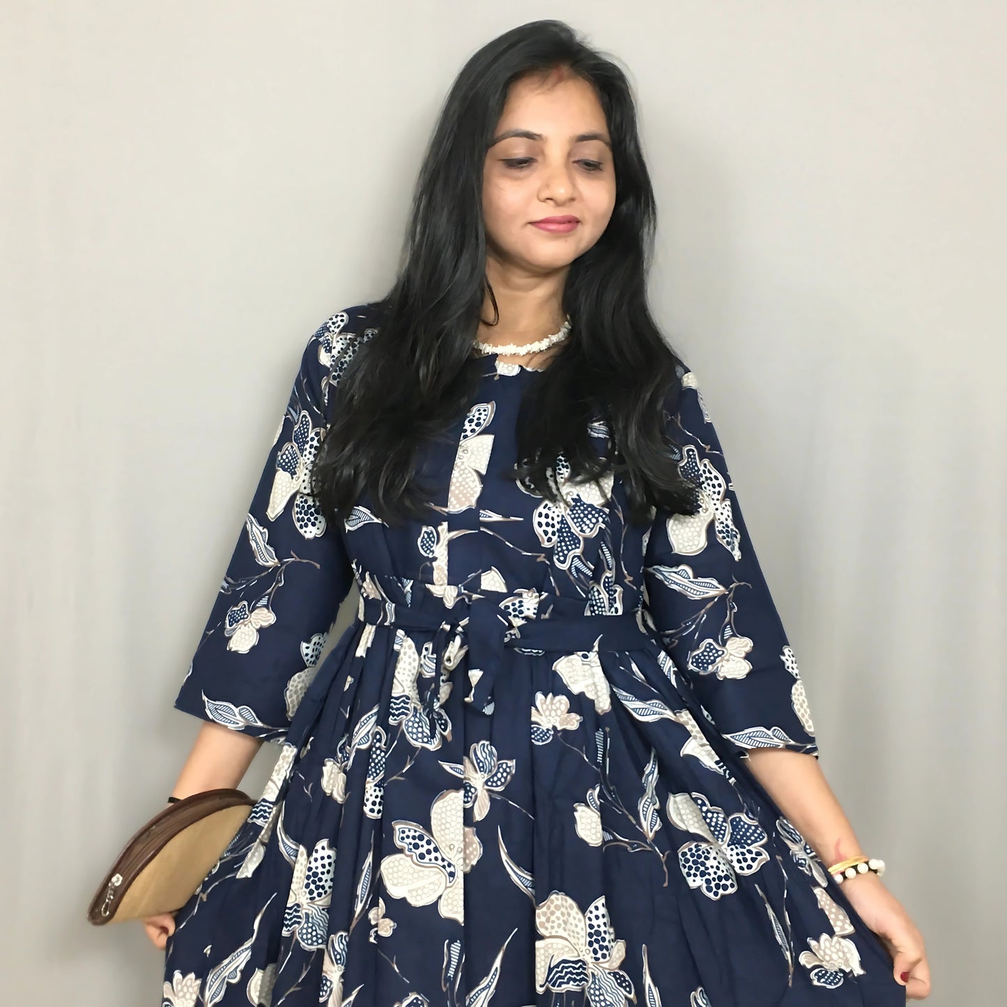 Flower & Leafs - Navy Blue - Maternity Kurti with Feeding Zips - Cotton Flex - Thicker Fabric