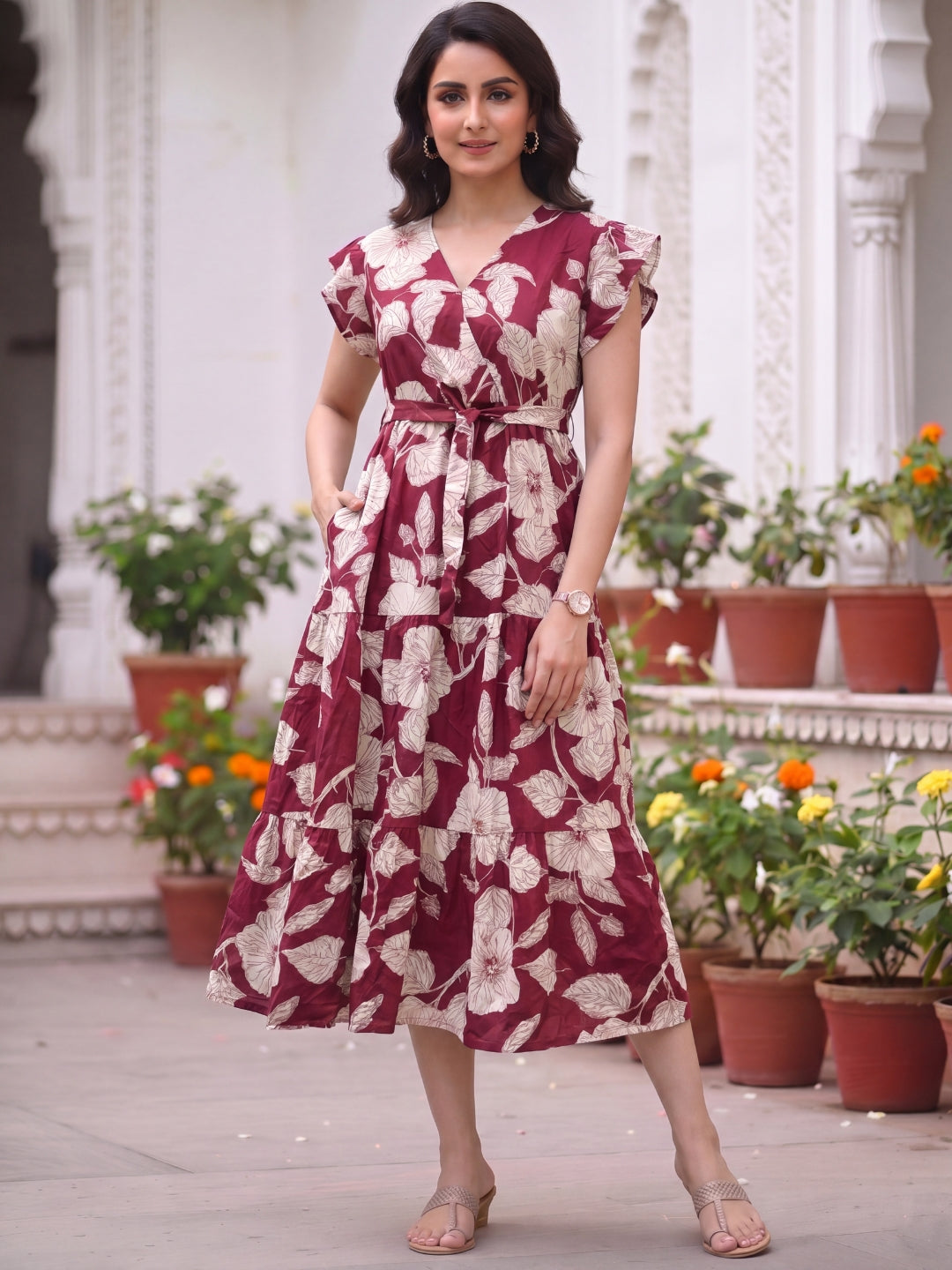 Hibiscus Maroon - Sleevless Midi Dress - Soft Rayon