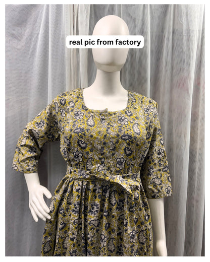 Yellow White Forrest - Maternity Kurti with Feeding Zips - Cotton Flex - Thicker Fabric