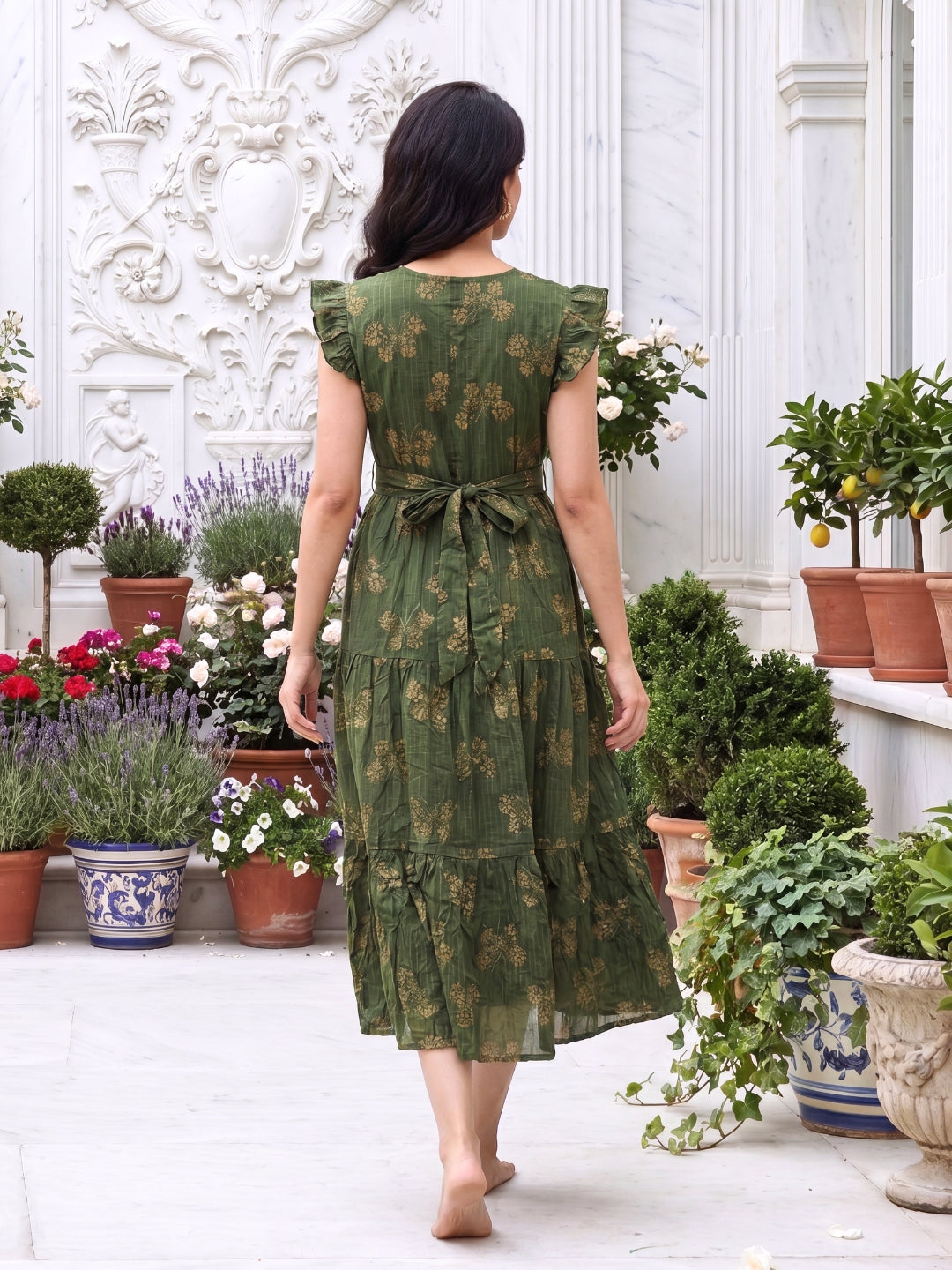 Green Stripes Butterfly - Sleevless Midi Dress - Soft Rayon