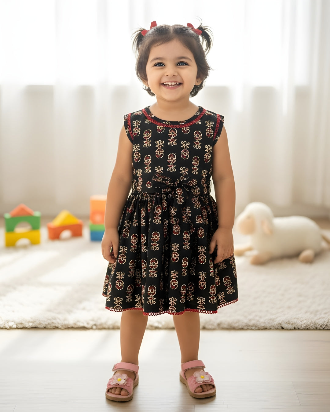 Baby Frock - Black Cream Ajrakh
