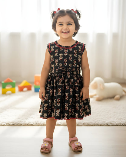 Baby Frock - Black Cream Ajrakh