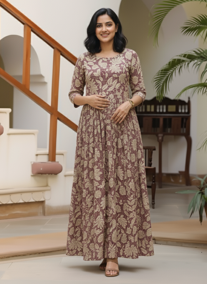 Leafy Stripes - Purple - Maternity Kurti with Feeding Zips - Soft Rayon