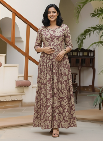 Leafy Stripes - Purple - Maternity Kurti with Feeding Zips - Soft Rayon