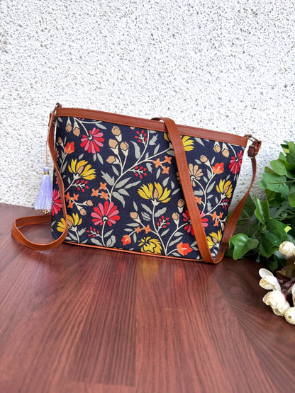 Minsk - 3 zip- Big size - Sling Bag - Blue Red Yellow Flower