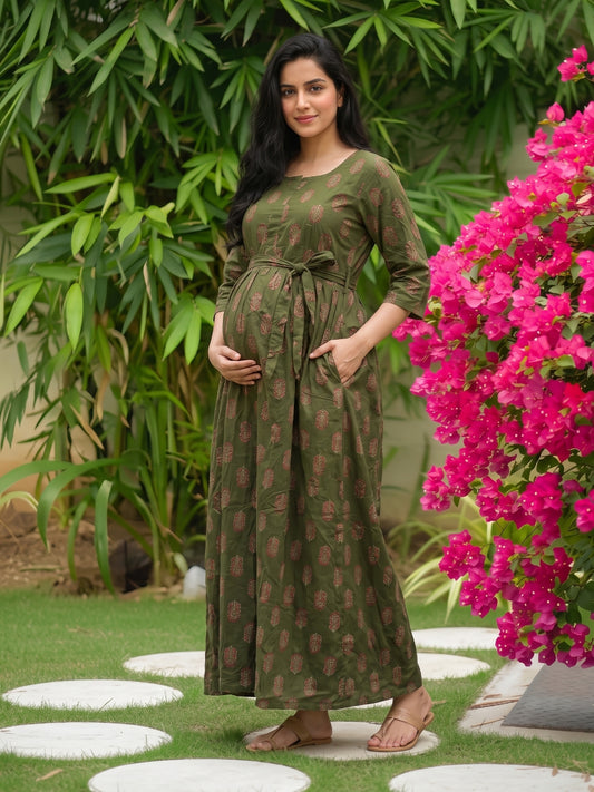 Green Pink Flower - Maternity Dress with Feeding Zips - Soft Rayon