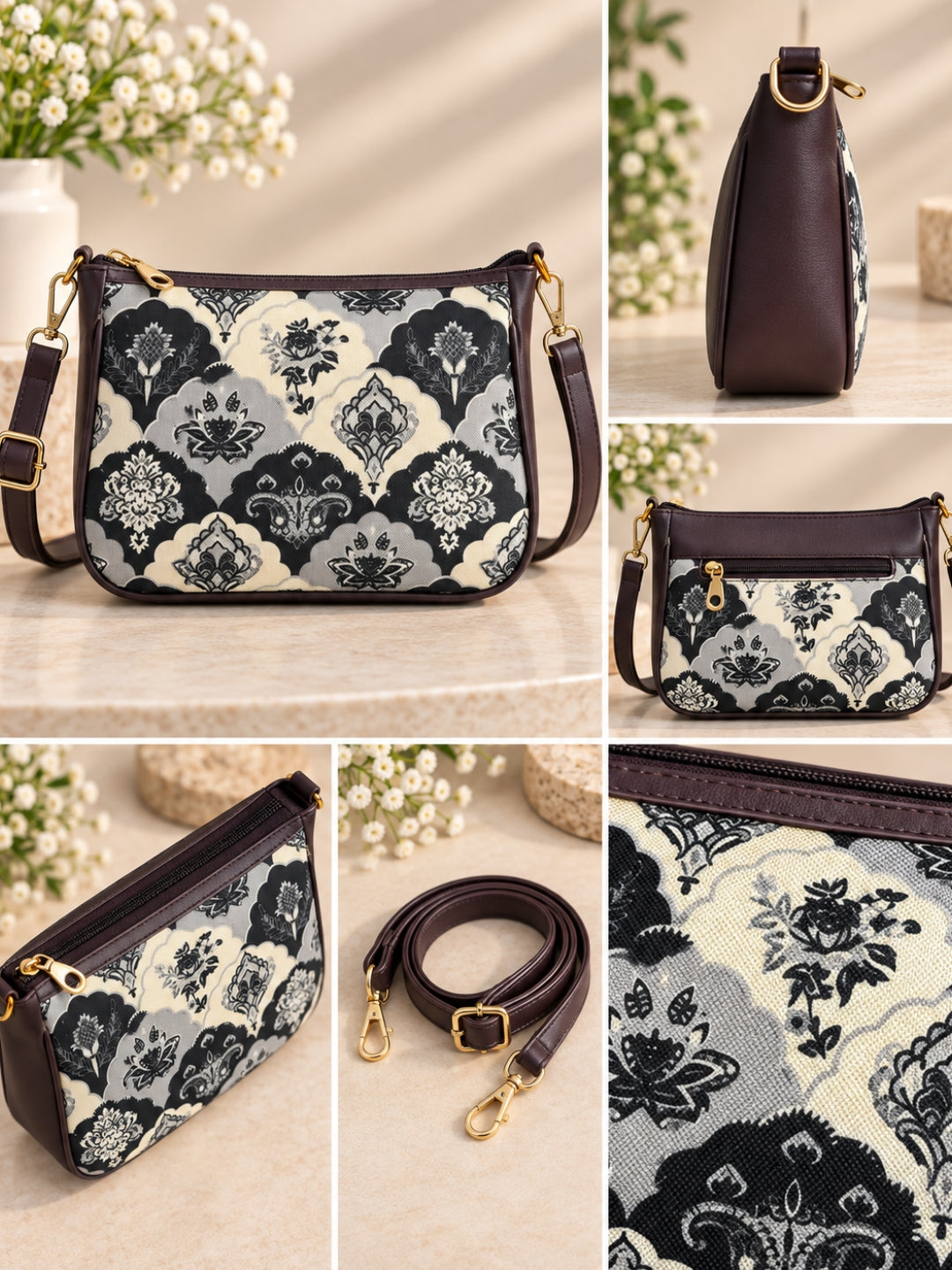 AMARA - Royal Black Grey Flower - Shoulder Bag Cum Sling