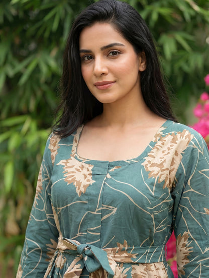 Turquoise Cream Flower - Maternity Kurti with Feeding Zips - Cotton Flex - Thicker Fabric