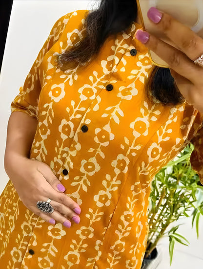Knee Length - Yellow Cream Flower - Cord Sets - Pure Cotton