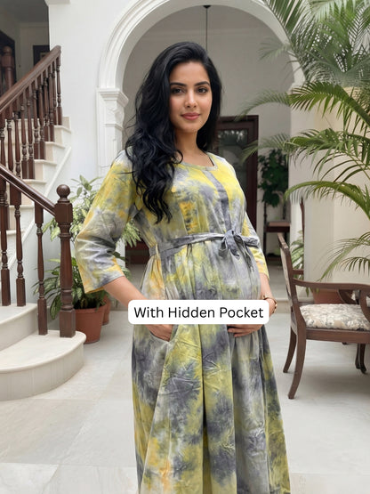 Tye Dye - Grey Green - Maternity Kurti with Feeding Zips - Soft Rayon